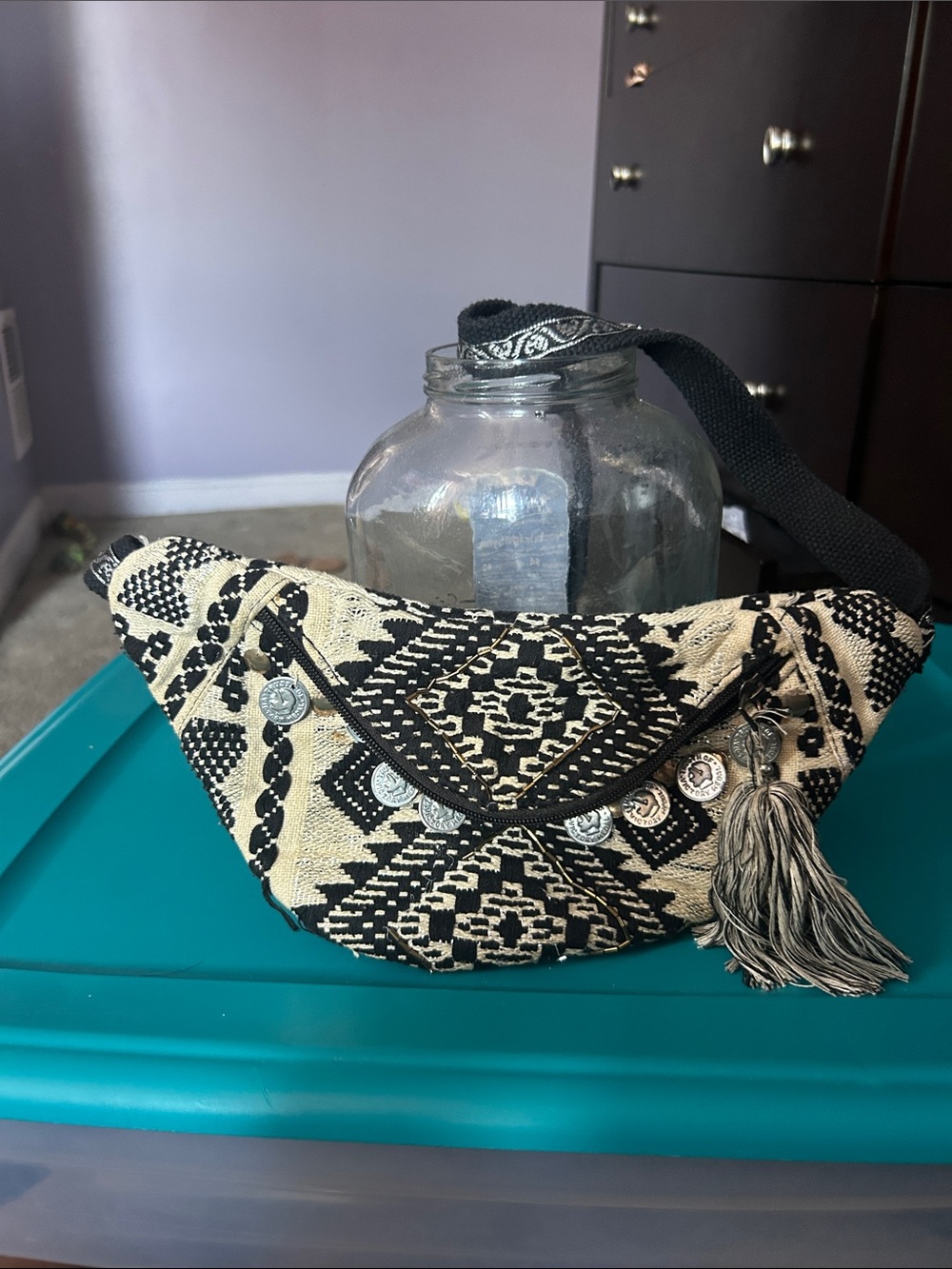 Handwoven Black and Cream Tribal Crossbody Bag with Tassel